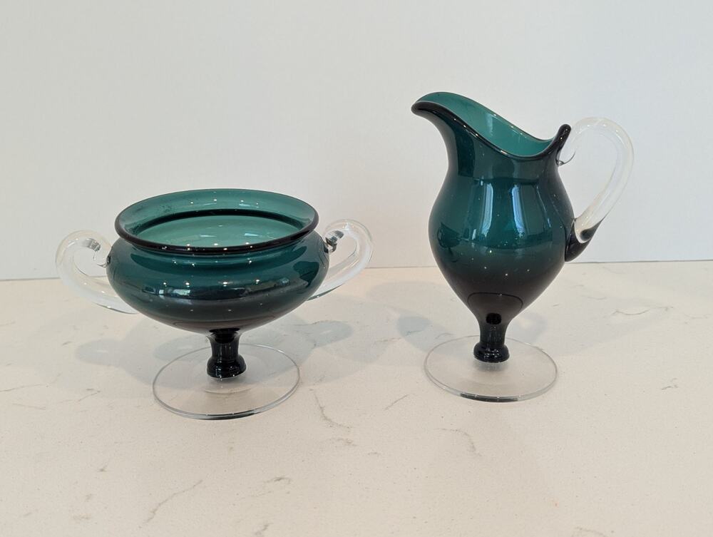 Vtg MCM Rich Teal Art Glass Sugar Creamer Set Hand Blown Green Clear Accents